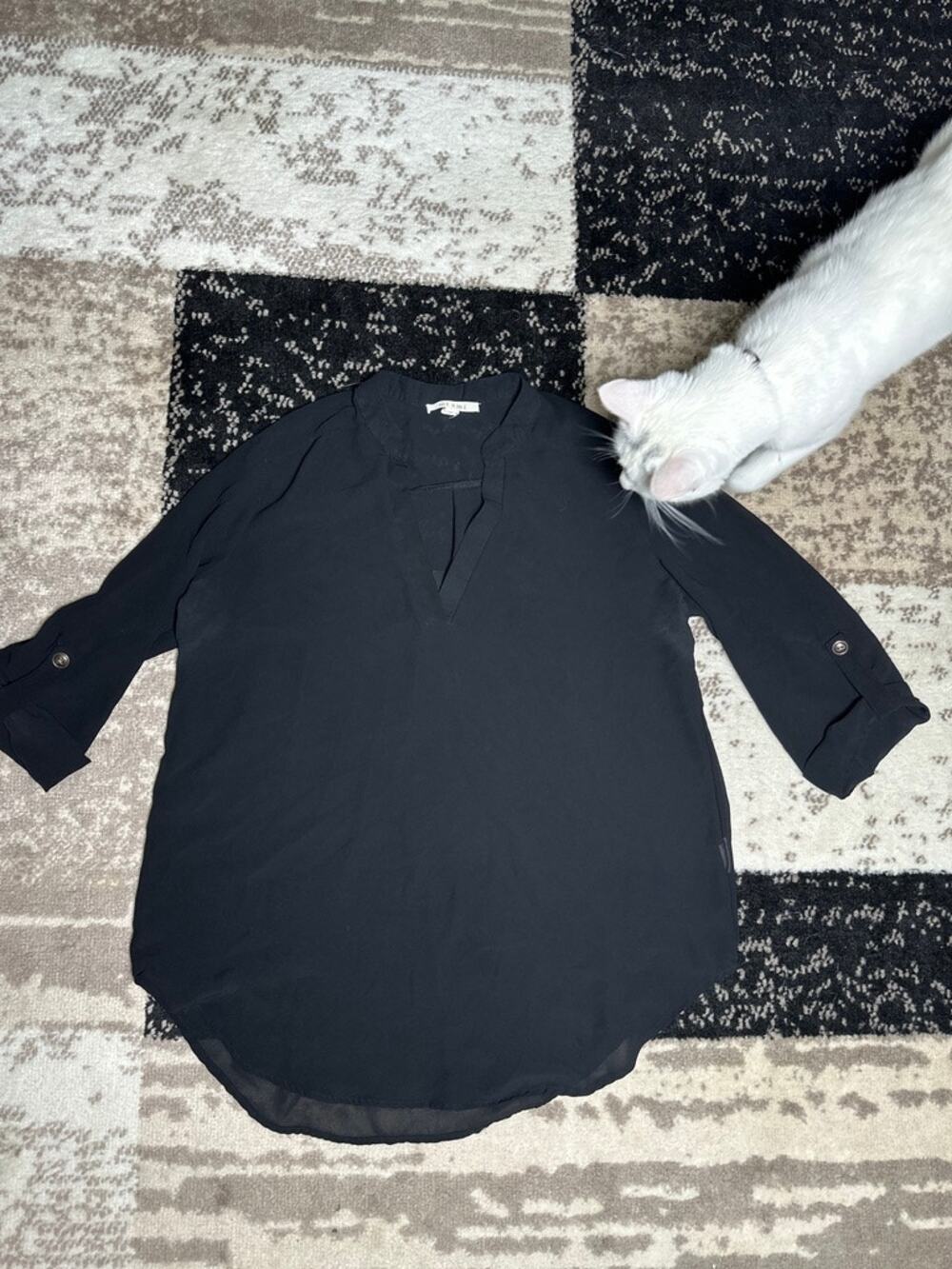 Miami Womens Large Black Sheer Mesh Long Sleeve Tunic Top Curved Hem